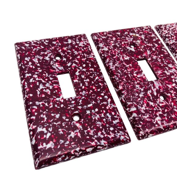 Vintage Marbled Burgundy & White Light Switch & Outlet Covers Set Of 3 Retro - Picture 3 of 3